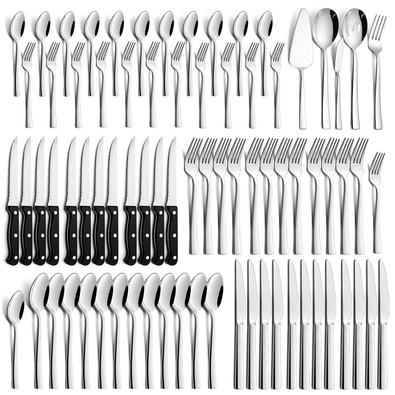HaWare 77-Piece Silverware Set with Steak Knives, Solid Stainless Steel Flatware Utensils, Modern Elegant Cutlery Tableware Set, Attach Serving Set, Mirror Polished, Dishwasher Safe-Service for 12 - Image 1